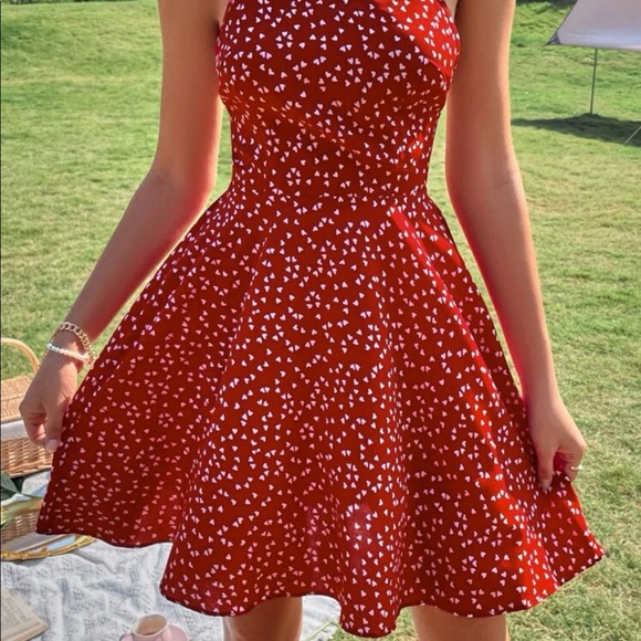 Red hearts confetti print crisscross open back mini dress - Picture 3 of 6